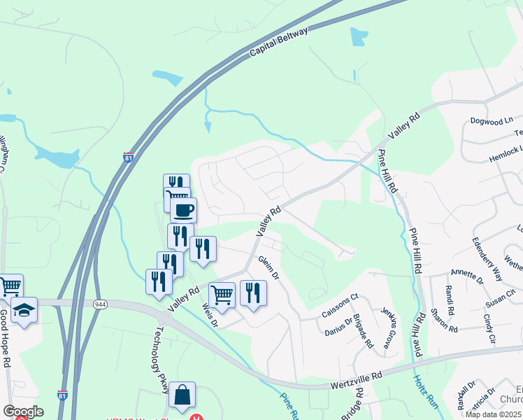 map of restaurants, bars, coffee shops, grocery stores, and more near 4510 Laurel Valley Lane in Enola