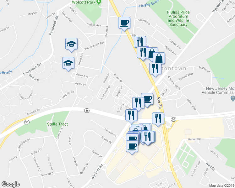 map of restaurants, bars, coffee shops, grocery stores, and more near 12 Juniper Lane in Eatontown