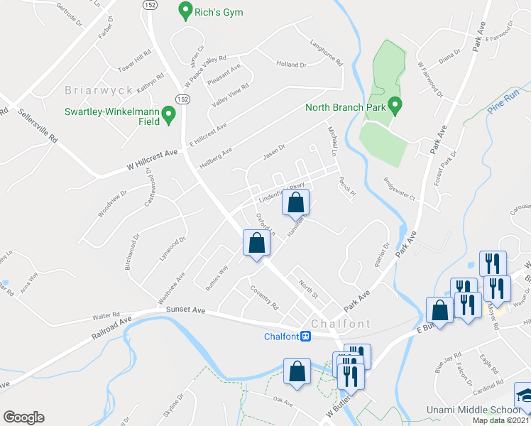 map of restaurants, bars, coffee shops, grocery stores, and more near 317 Oxford Lane in Chalfont