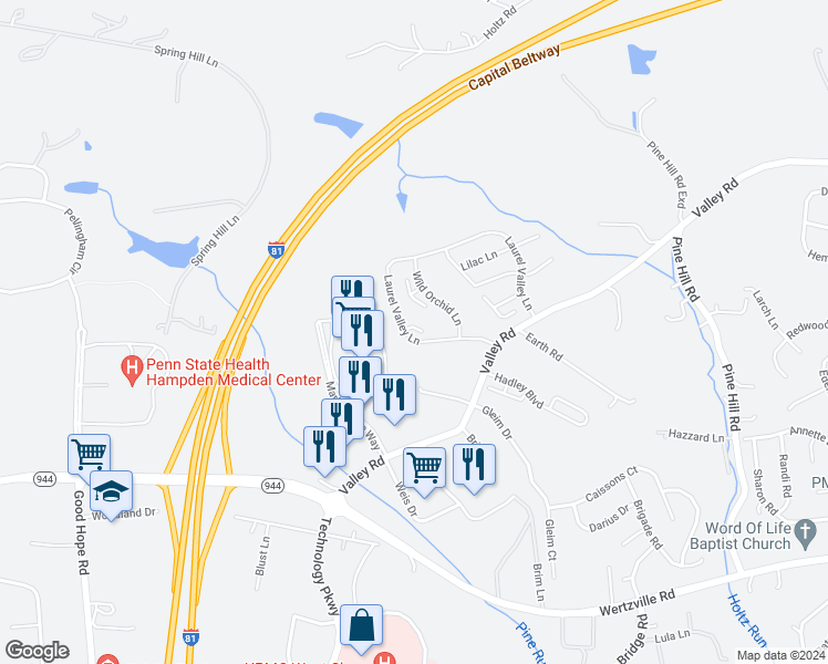 map of restaurants, bars, coffee shops, grocery stores, and more near 4840 Laurel Valley Lane in Enola