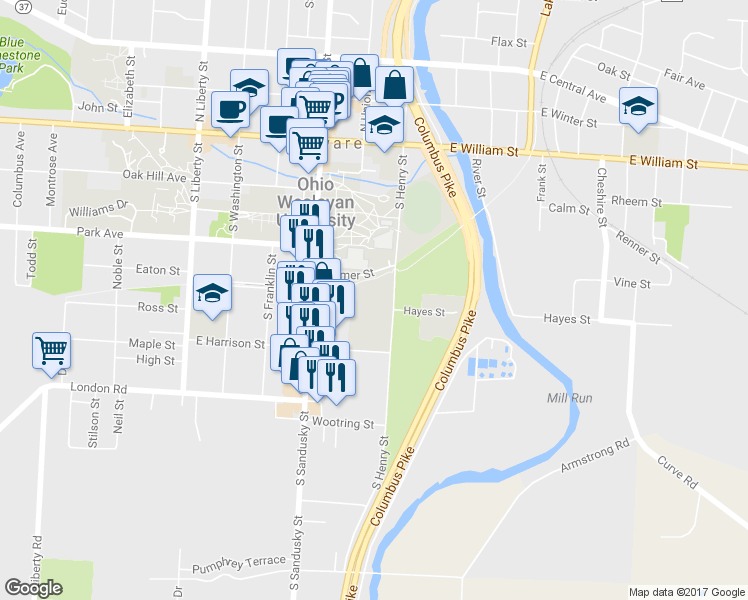 map of restaurants, bars, coffee shops, grocery stores, and more near 150 South Henry Street in Delaware