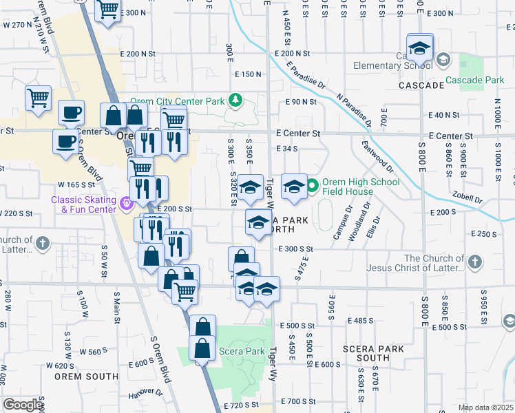 map of restaurants, bars, coffee shops, grocery stores, and more near 363 East 200 South Street in Orem