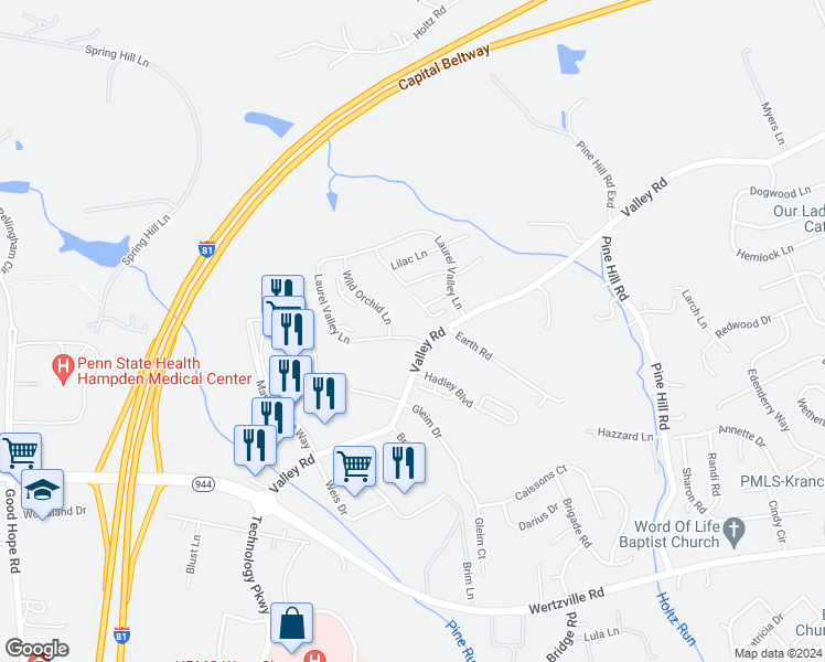 map of restaurants, bars, coffee shops, grocery stores, and more near 4530 Laurel Valley Lane in Enola