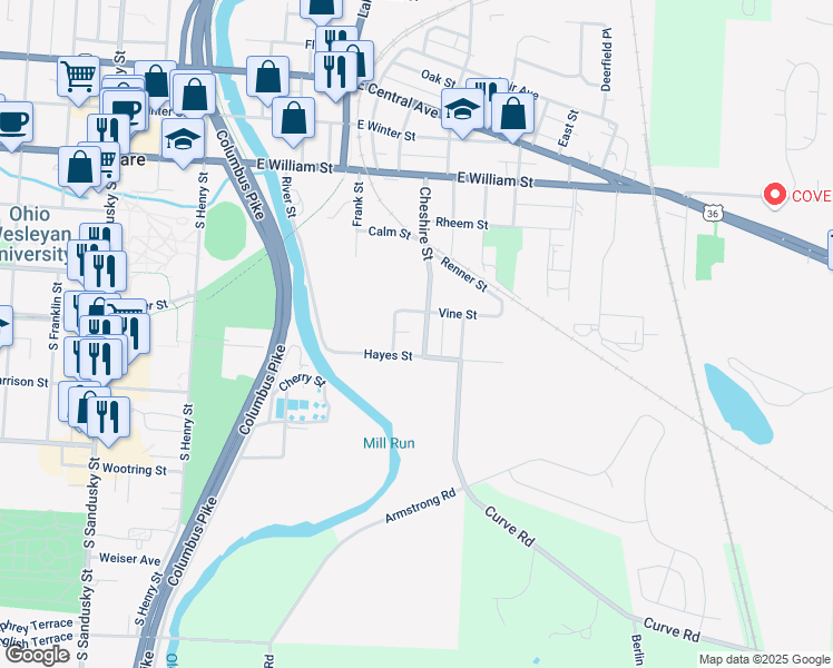 map of restaurants, bars, coffee shops, grocery stores, and more near 215 Hayes Street in Delaware