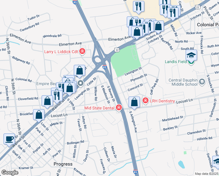 map of restaurants, bars, coffee shops, grocery stores, and more near 122 South Revere Street in Harrisburg