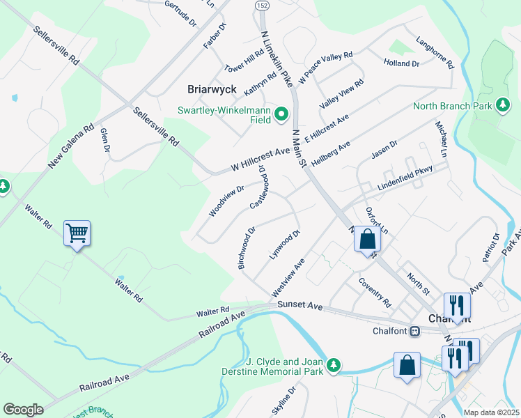 map of restaurants, bars, coffee shops, grocery stores, and more near 33 Castlewood Drive in Chalfont