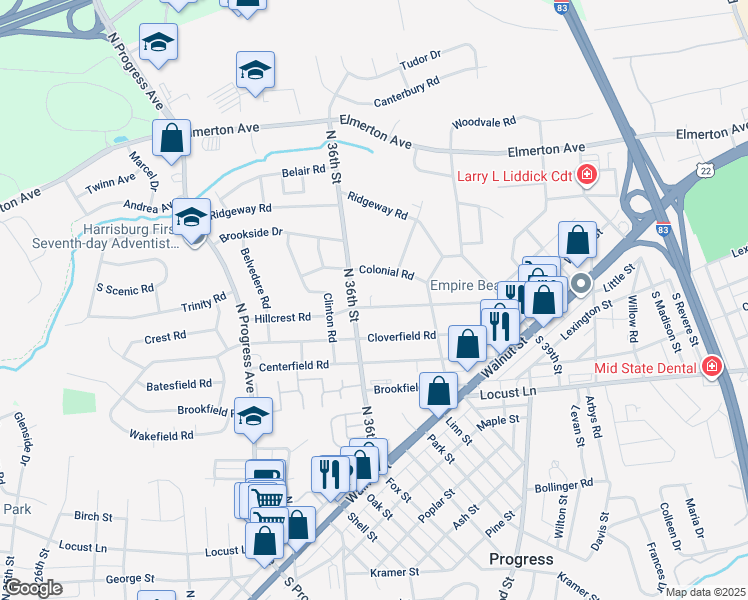 map of restaurants, bars, coffee shops, grocery stores, and more near 3604 Hillcrest Road in Harrisburg