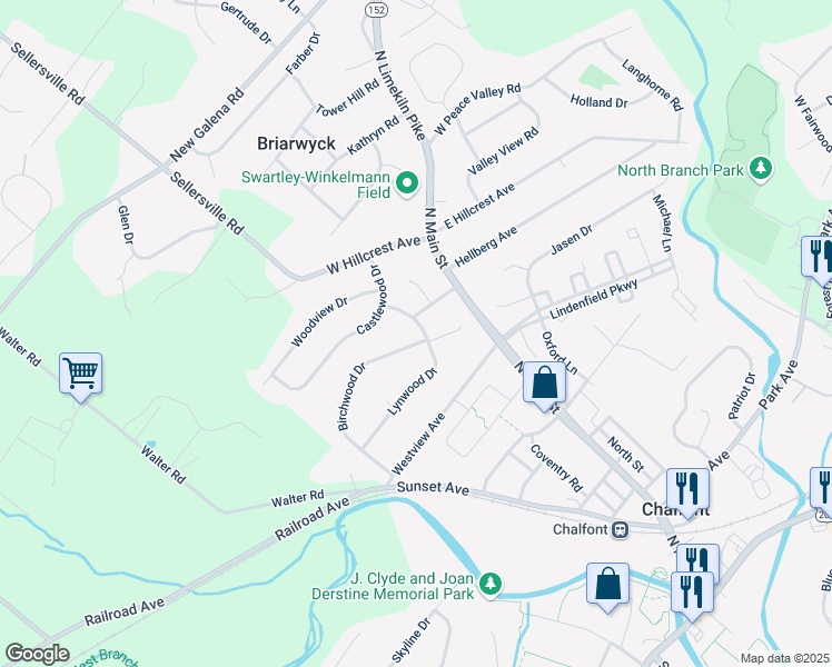 map of restaurants, bars, coffee shops, grocery stores, and more near 26 Lynwood Drive in Chalfont