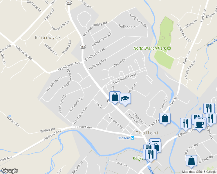 map of restaurants, bars, coffee shops, grocery stores, and more near 425 Elm Circle in Chalfont