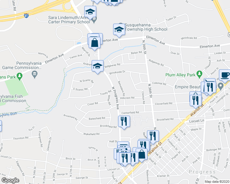 map of restaurants, bars, coffee shops, grocery stores, and more near 408 North Progress Avenue in Harrisburg