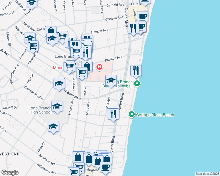 map of restaurants, bars, coffee shops, grocery stores, and more near 75 Bath Avenue in Long Branch