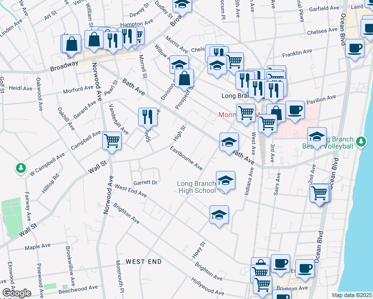 map of restaurants, bars, coffee shops, grocery stores, and more near 324 Eastbourne Avenue in Long Branch