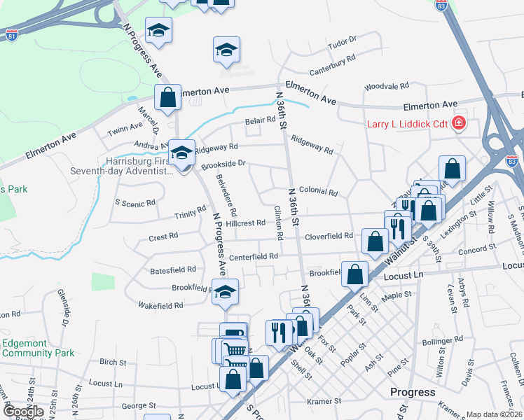 map of restaurants, bars, coffee shops, grocery stores, and more near 3505 Hillcrest Road in Harrisburg