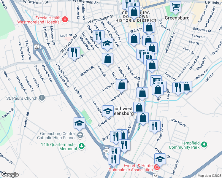 map of restaurants, bars, coffee shops, grocery stores, and more near 632 Green Street in Greensburg