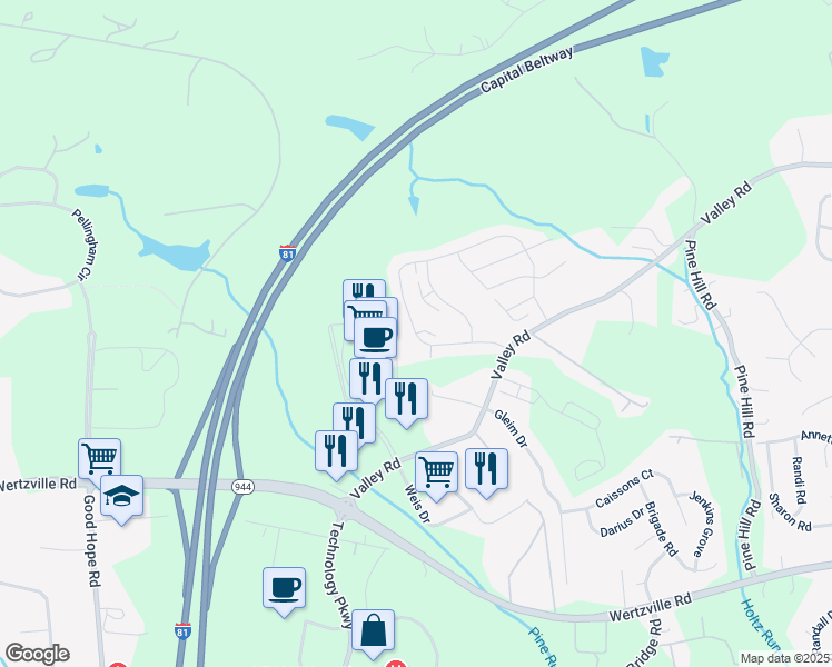 map of restaurants, bars, coffee shops, grocery stores, and more near 5020 Laurel Valley Lane in Enola