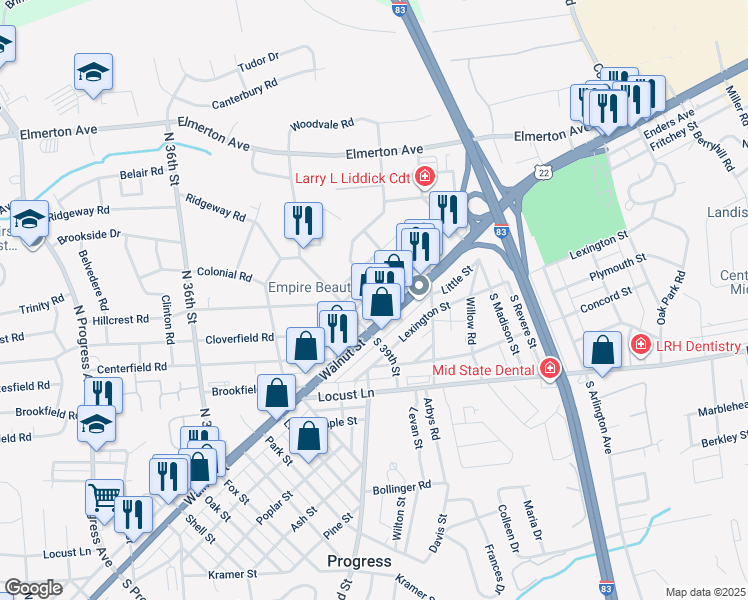 map of restaurants, bars, coffee shops, grocery stores, and more near 3909 Walnut Street in Harrisburg