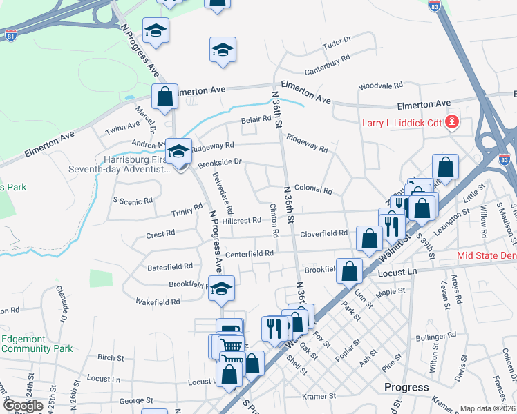map of restaurants, bars, coffee shops, grocery stores, and more near 3505 Hillcrest Road in Harrisburg