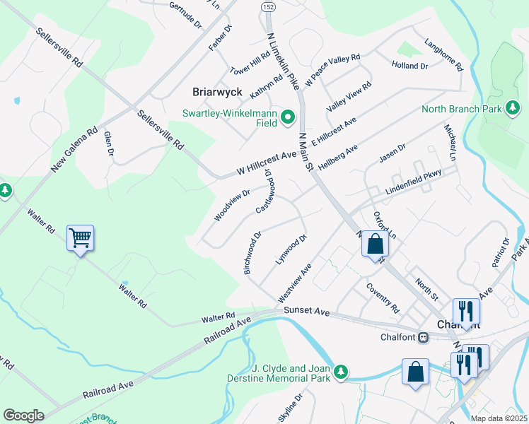 map of restaurants, bars, coffee shops, grocery stores, and more near 33 Castlewood Drive in Chalfont