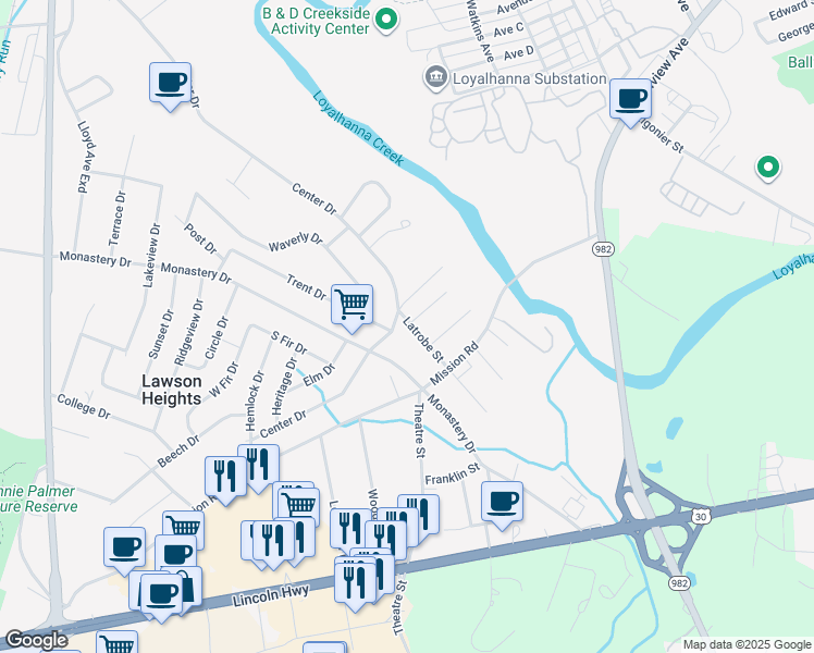 map of restaurants, bars, coffee shops, grocery stores, and more near 1414 Monastery Drive in Latrobe