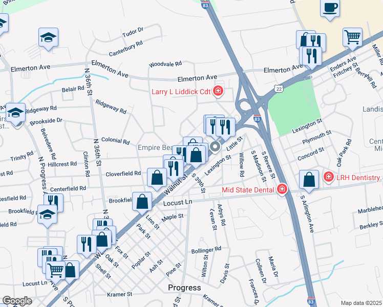 map of restaurants, bars, coffee shops, grocery stores, and more near 3909 Walnut Street in Harrisburg