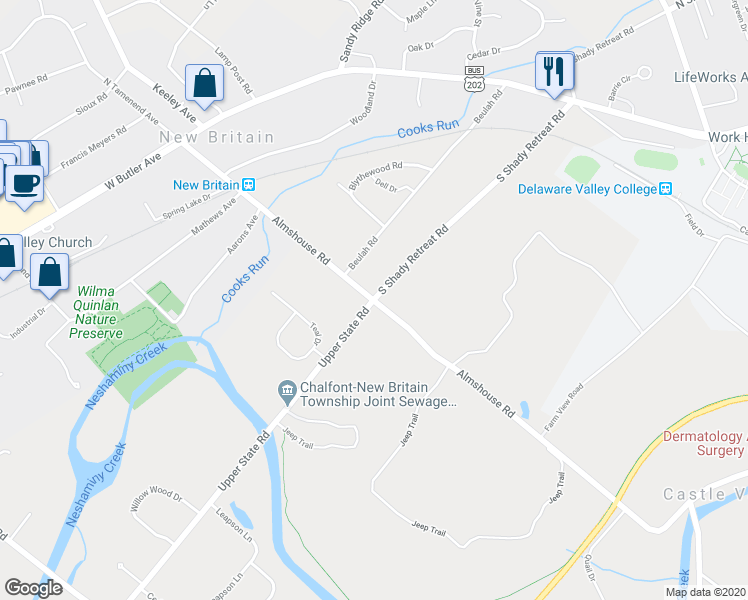 map of restaurants, bars, coffee shops, grocery stores, and more near 103 South Shady Retreat Road in Doylestown