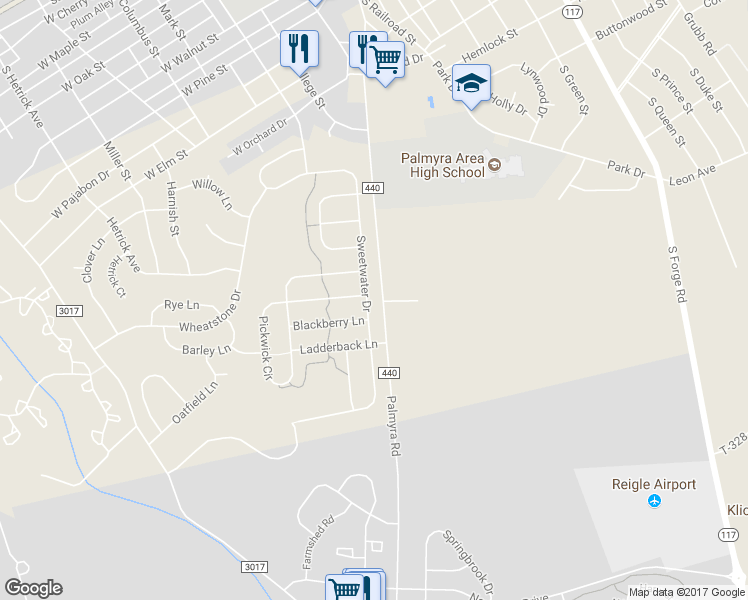 map of restaurants, bars, coffee shops, grocery stores, and more near 470 Sweetwater Drive in Palmyra