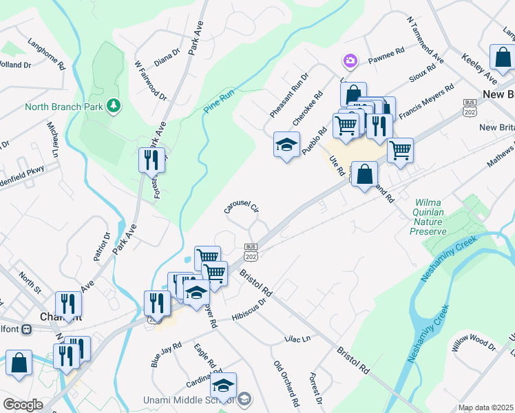 map of restaurants, bars, coffee shops, grocery stores, and more near 30 Carousel Circle in New Britain