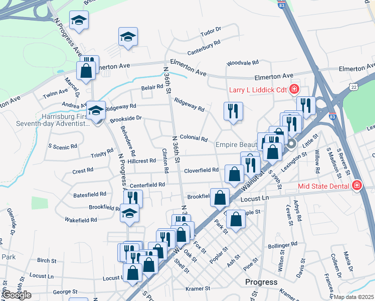 map of restaurants, bars, coffee shops, grocery stores, and more near 3604 Hillcrest Road in Harrisburg