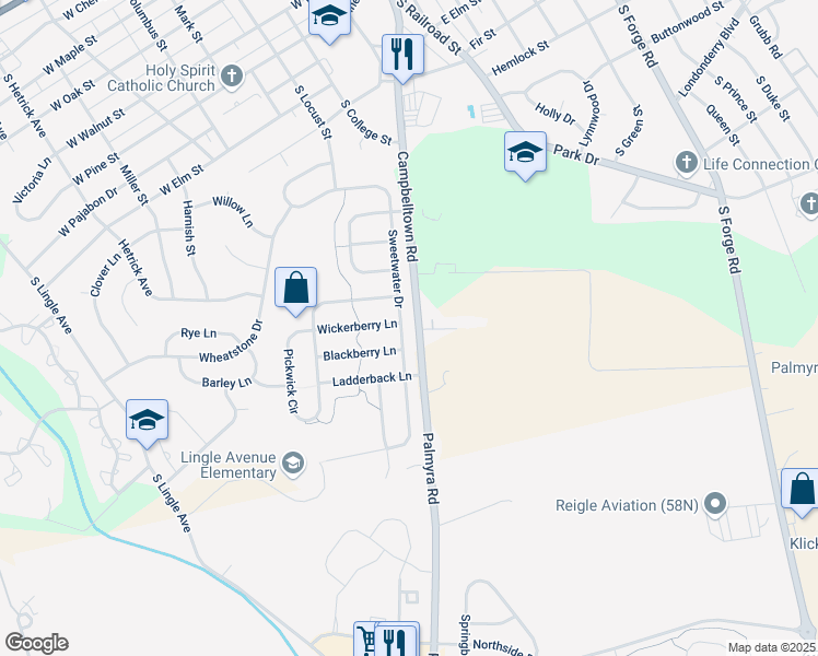 map of restaurants, bars, coffee shops, grocery stores, and more near 470 Sweetwater Drive in Palmyra