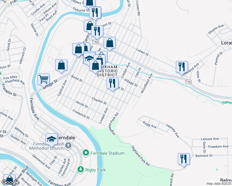 map of restaurants, bars, coffee shops, grocery stores, and more near 701 Russell Avenue in Johnstown