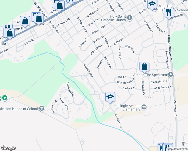 map of restaurants, bars, coffee shops, grocery stores, and more near 530 South Lingle Avenue in Palmyra