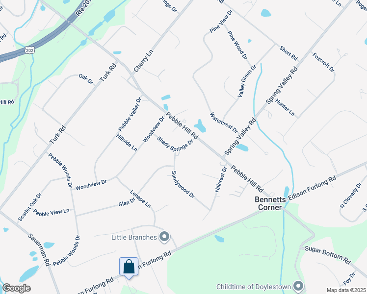 map of restaurants, bars, coffee shops, grocery stores, and more near 21 Shady Springs Drive in Doylestown