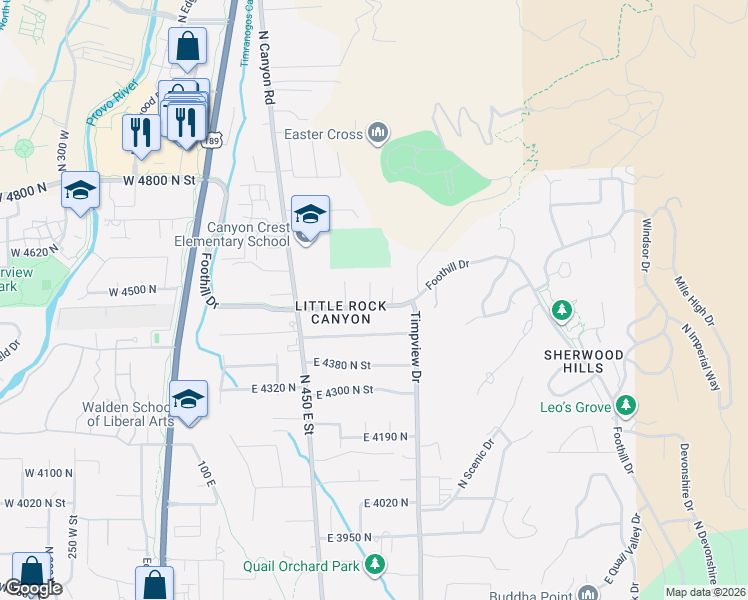 map of restaurants, bars, coffee shops, grocery stores, and more near 555 East 4450 North in Provo