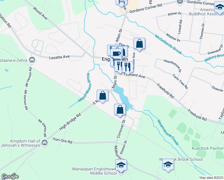 map of restaurants, bars, coffee shops, grocery stores, and more near 3 Main Street in Englishtown