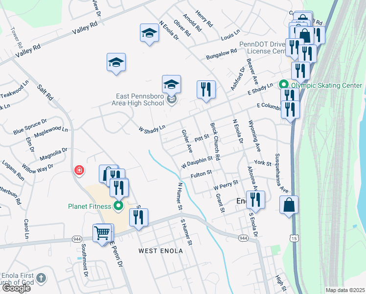 map of restaurants, bars, coffee shops, grocery stores, and more near 420 Ridge Avenue in Enola