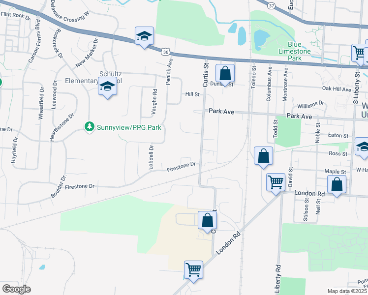 map of restaurants, bars, coffee shops, grocery stores, and more near 222 Curtis Street in Delaware
