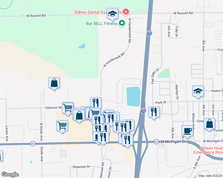 map of restaurants, bars, coffee shops, grocery stores, and more near 699 Folkerth Avenue in Sidney