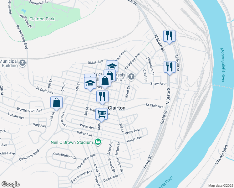 map of restaurants, bars, coffee shops, grocery stores, and more near in Clairton
