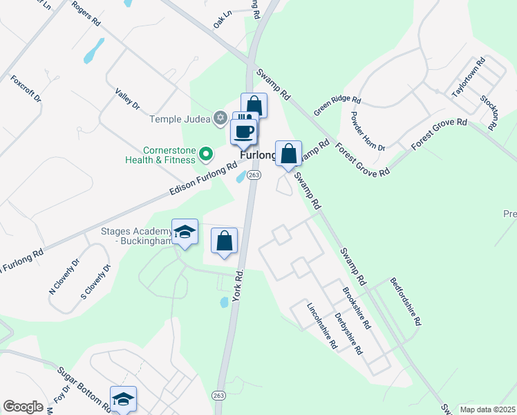 map of restaurants, bars, coffee shops, grocery stores, and more near 3421 York Road in Furlong