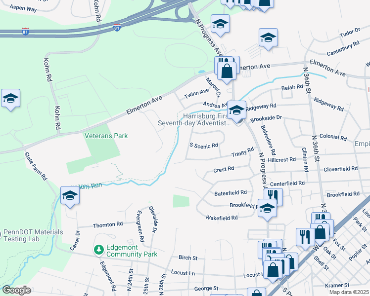 map of restaurants, bars, coffee shops, grocery stores, and more near 3208 Ridgeway Road in Harrisburg
