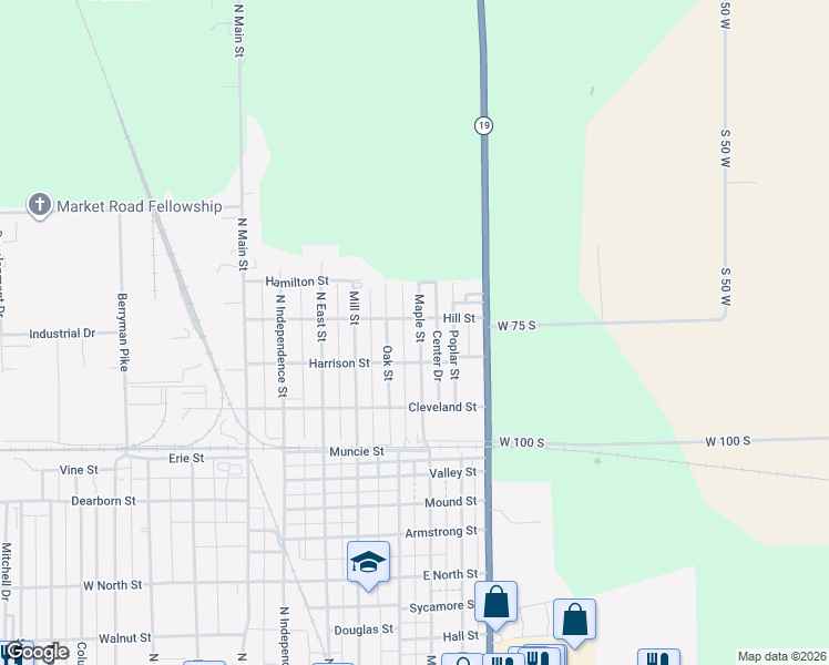 map of restaurants, bars, coffee shops, grocery stores, and more near 610 Hill Street in Tipton