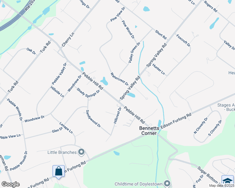 map of restaurants, bars, coffee shops, grocery stores, and more near 885 Pebble Hill Road in Doylestown