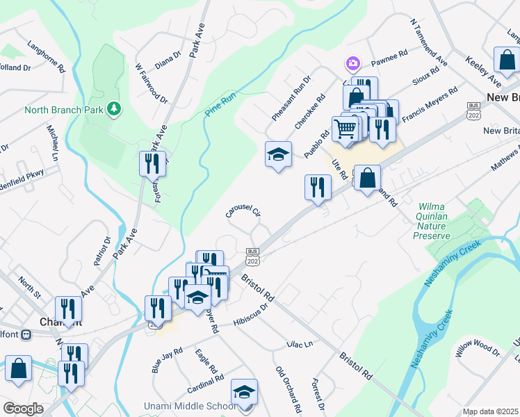 map of restaurants, bars, coffee shops, grocery stores, and more near 30 Carousel Circle in New Britain