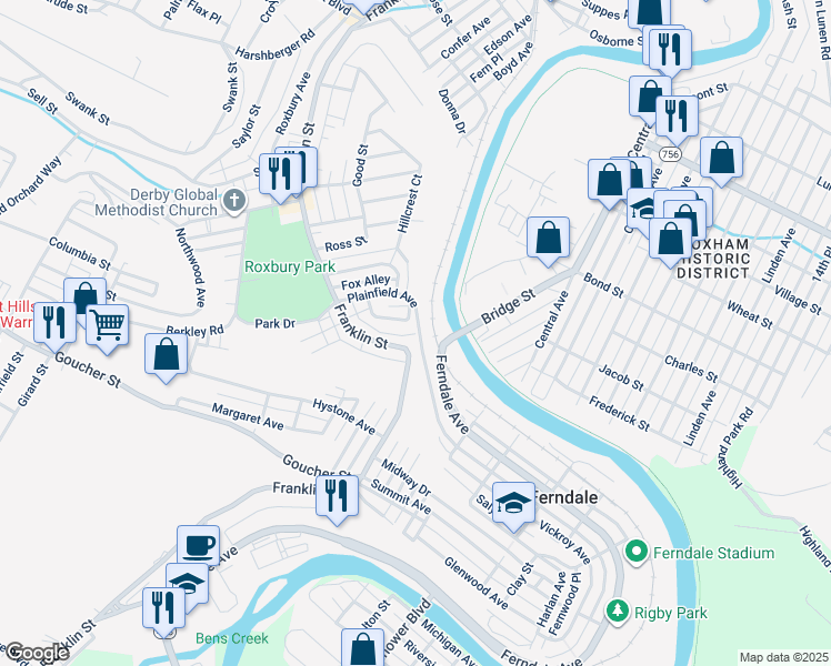 map of restaurants, bars, coffee shops, grocery stores, and more near 199 Nettle Alley in Johnstown