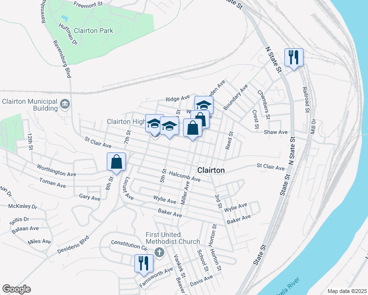 map of restaurants, bars, coffee shops, grocery stores, and more near 501 Waddell Avenue in Clairton