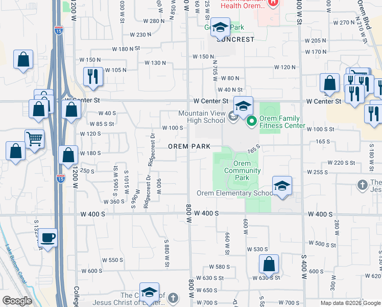 map of restaurants, bars, coffee shops, grocery stores, and more near 760 165 South in Orem