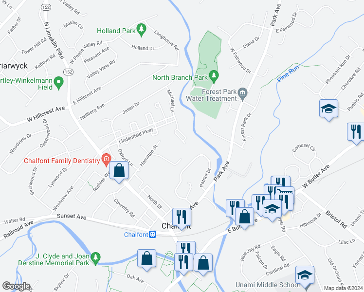 map of restaurants, bars, coffee shops, grocery stores, and more near 1073 Patrick Place in Chalfont