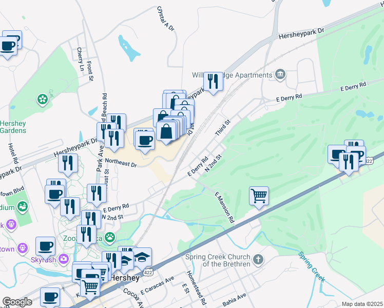 map of restaurants, bars, coffee shops, grocery stores, and more near 365 East Derry Road in Hershey