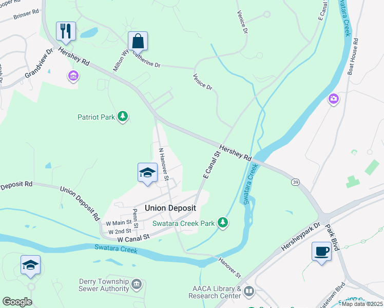 map of restaurants, bars, coffee shops, grocery stores, and more near 104 Hershey Road in Hershey