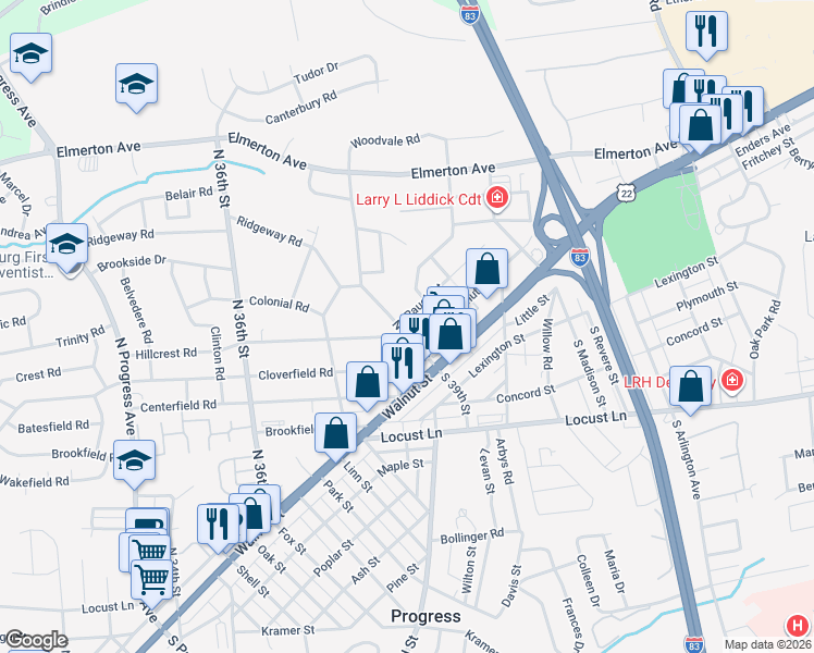 map of restaurants, bars, coffee shops, grocery stores, and more near 3925 Rauch Street in Harrisburg